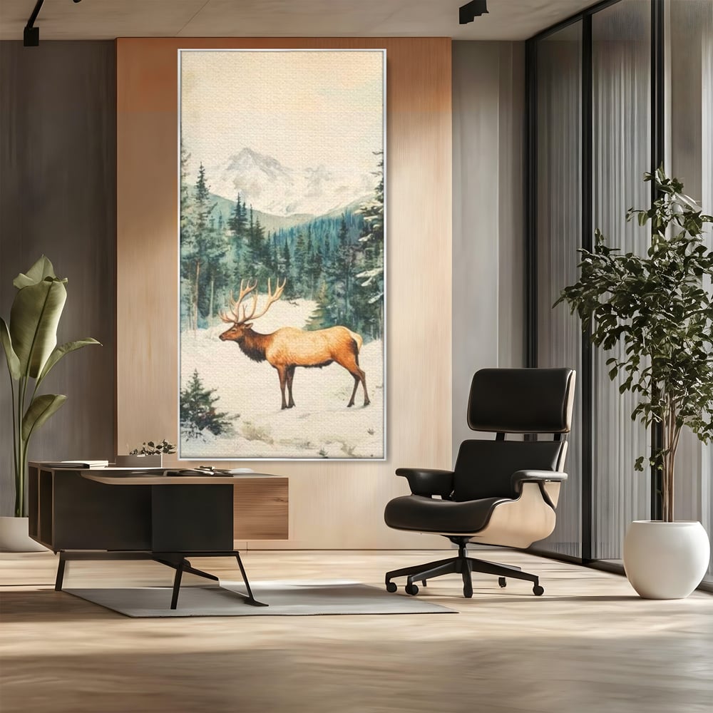 Tablou canvas cu tablou canvas cu cerb in zapada, in rama de aluminiu argintiu, pe perete intr-un birou